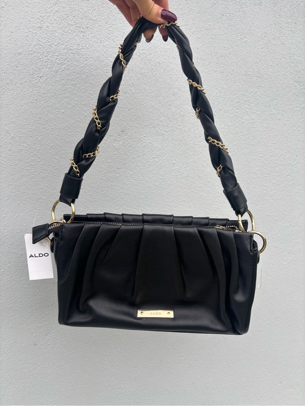 ALDO Black Pleated Shoulder Bag with Gold Chain-Trim Handle